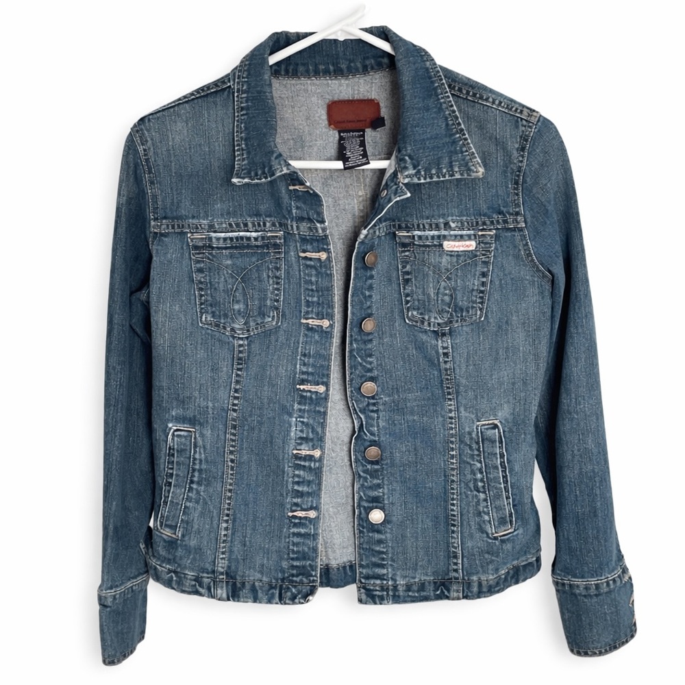 Calvin Klein Jeans Denim Jacket Blue Stretch Trucker Women’s Large - Picture 2 of 9